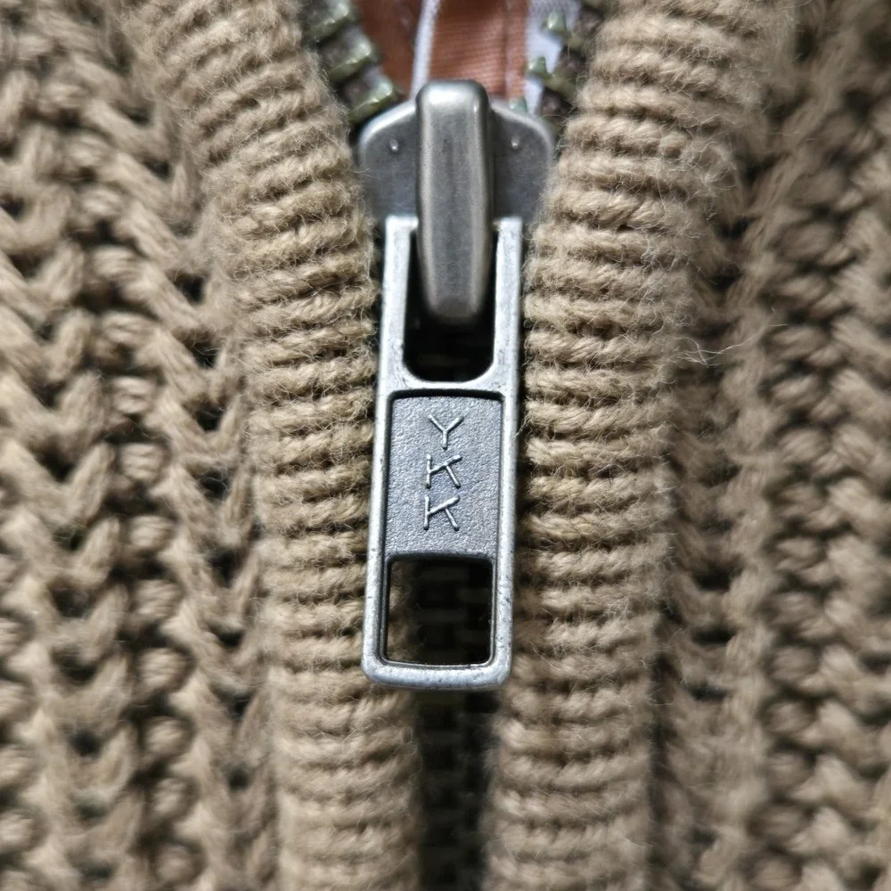 Vtg 90s LL Bean Full Zip Chunky Knit Ribbed Cotton Sweater Dark Tan Men's L MINT